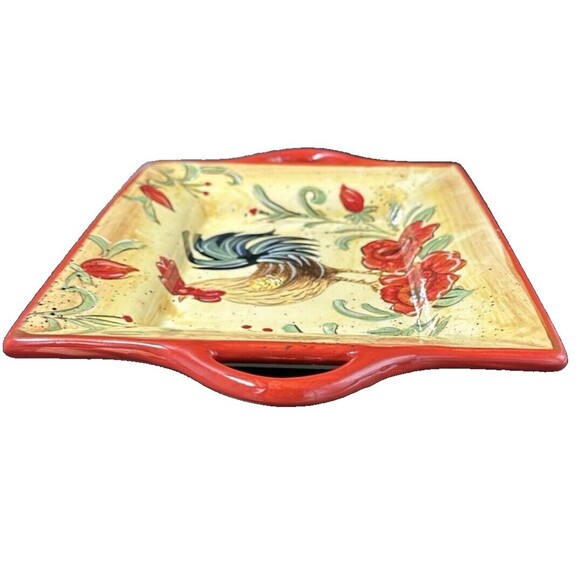 Honey Poppy Rooster Rectangular Platter with Handles Glossed Ceramic 13.5 Inches - Picture 6 of 9